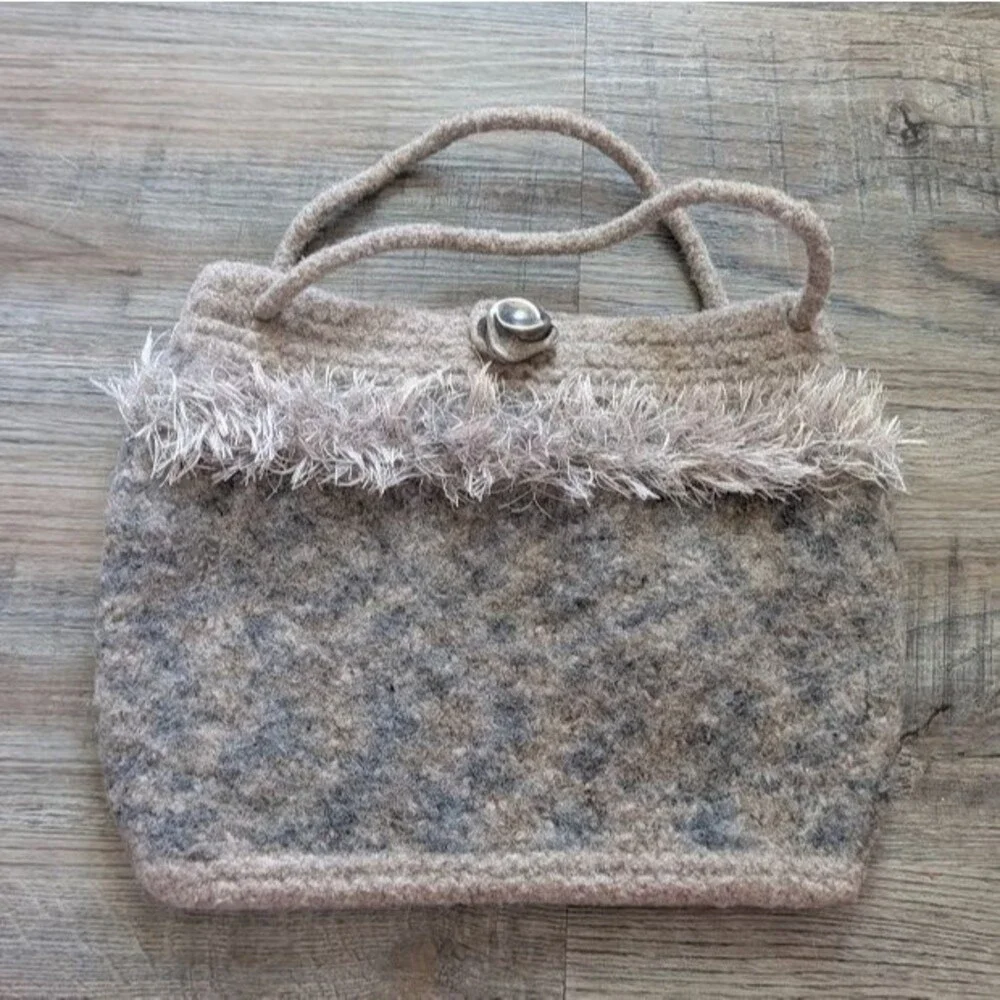 Handmade Felted Tan Marbled Bag Double Handle Top Button Closure